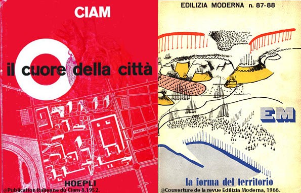 <p>Publication italienne du Ciam 8,1952.<br />
Couverture de la revue Edilizia Moderna, 1966.</p>
